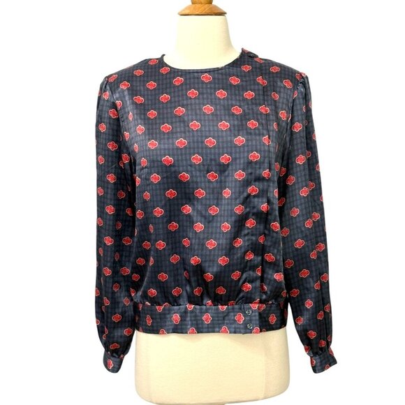 Christian Dior Vintage Satin Blouse Blue Red Print Long Slv Banded Waist Size 8 - Picture 11 of 11